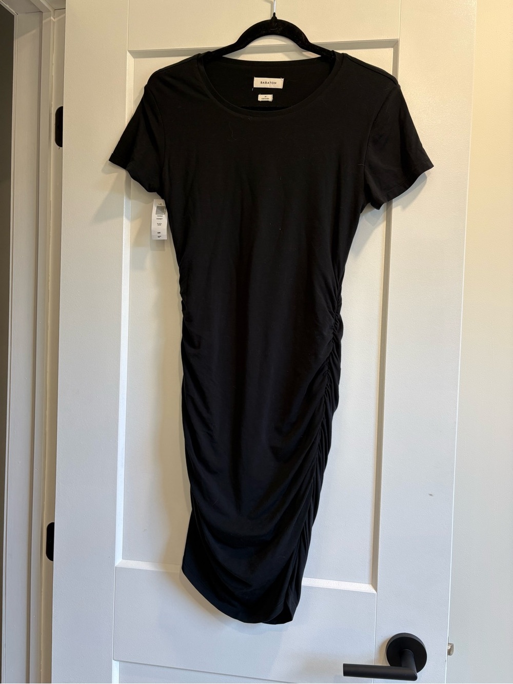 Babaton Black Short-Sleeve Ruched Midi Dress NWT
